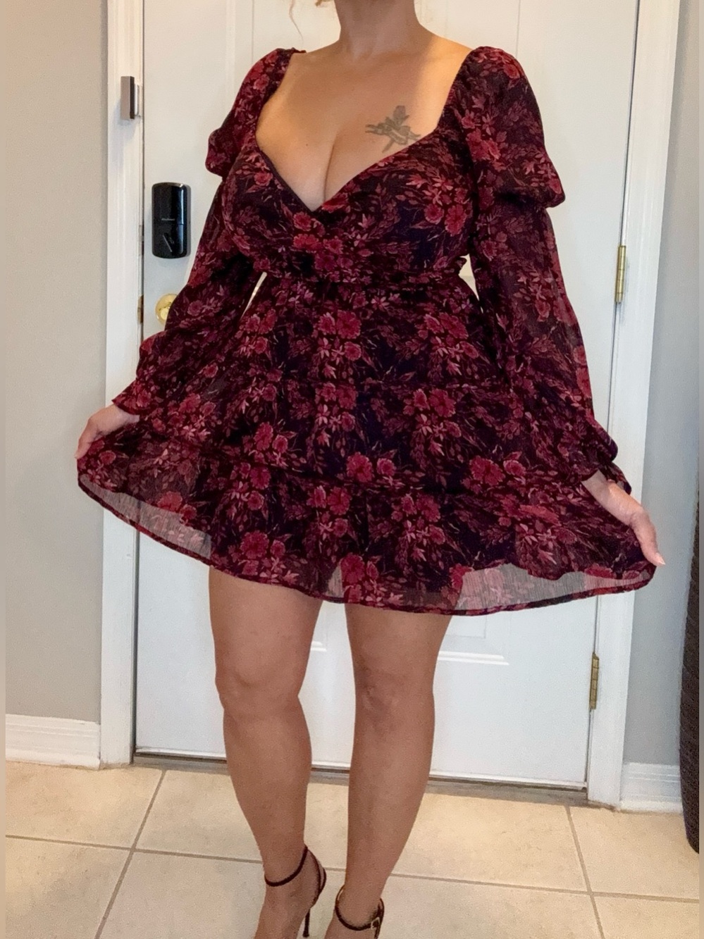 Floral Fit & Flare Long-Sleeve Mini Dress in Black and Wine